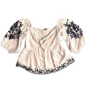 Express Womens Peasant‎ Blouse M Embroidered Balloon Sleeves Sweetheart Neckline